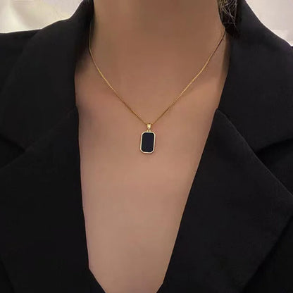 Korean-Inspired Black Geometric Pendant Necklace with Gold Chain for Women - Elegant Fashion Jewelry for Parties and Gifts