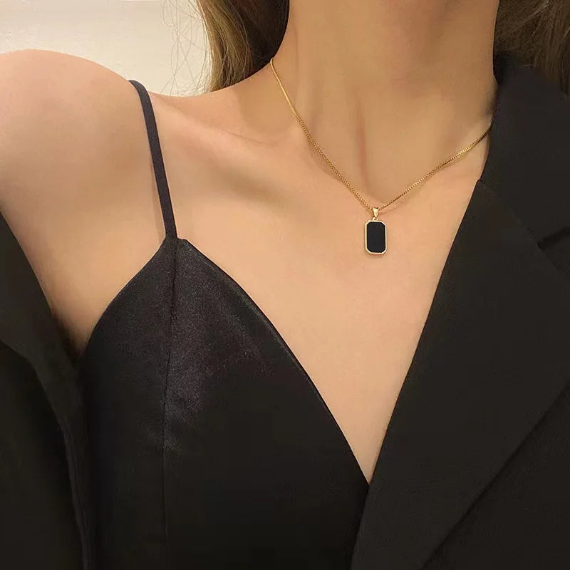 Korean-Inspired Black Geometric Pendant Necklace with Gold Chain for Women - Elegant Fashion Jewelry for Parties and Gifts
