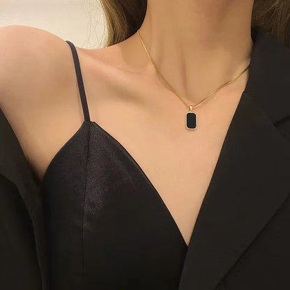 Korean-Inspired Black Geometric Pendant Necklace with Gold Chain for Women - Elegant Fashion Jewelry for Parties and Gifts