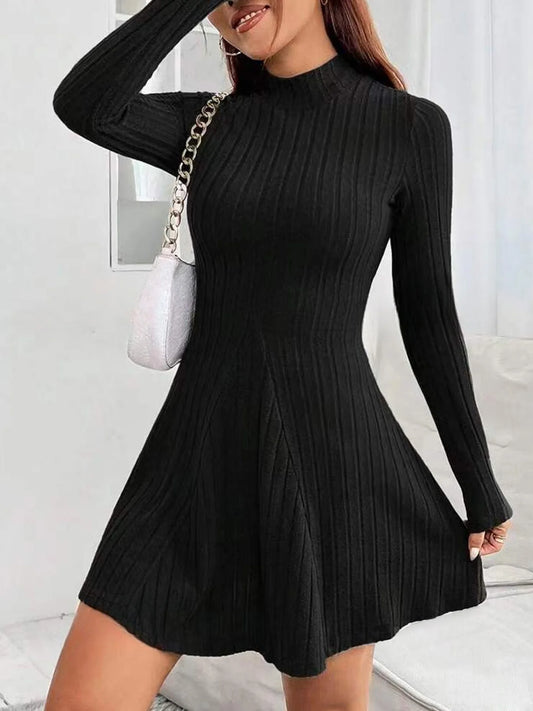 Elegant High-Neck Slim A-Line Mini Dress – Long Sleeve