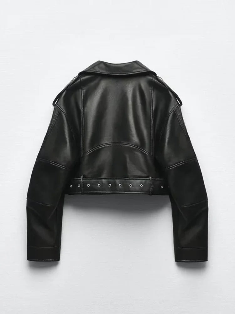 Oversized Faux Leather Biker Jacket with Belt – Women’s Streetwear