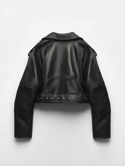 Oversized Faux Leather Biker Jacket with Belt – Women’s Streetwear