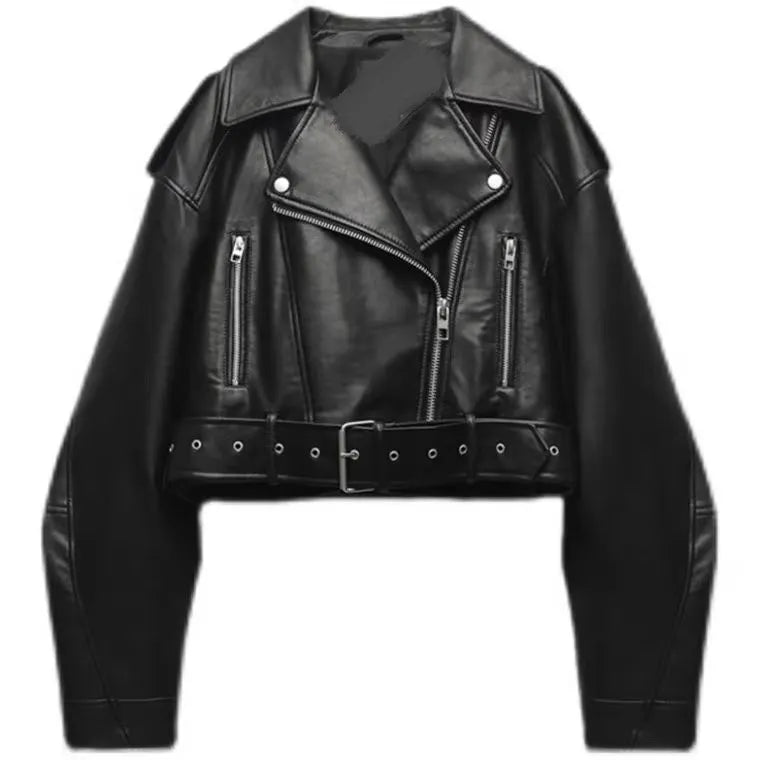 Oversized Faux Leather Biker Jacket with Belt – Women’s Streetwear