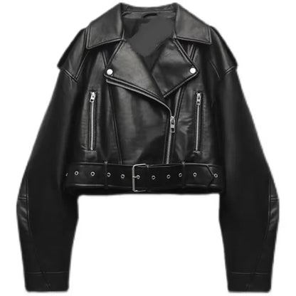Oversized Faux Leather Biker Jacket with Belt – Women’s Streetwear