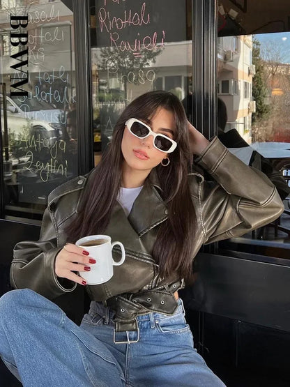 Oversized Faux Leather Biker Jacket with Belt – Women’s Streetwear