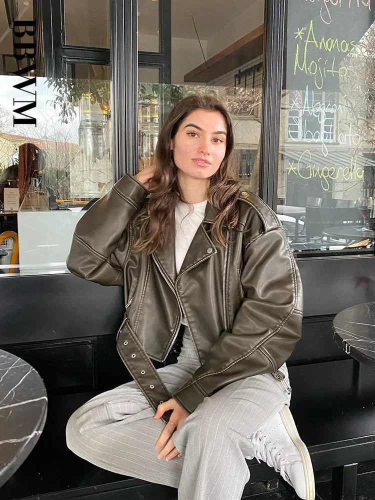 Oversized Faux Leather Biker Jacket with Belt – Women’s Streetwear