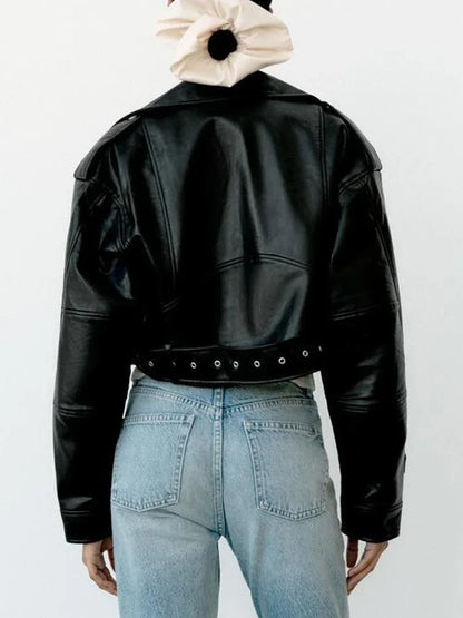 Oversized Faux Leather Biker Jacket with Belt – Women’s Streetwear