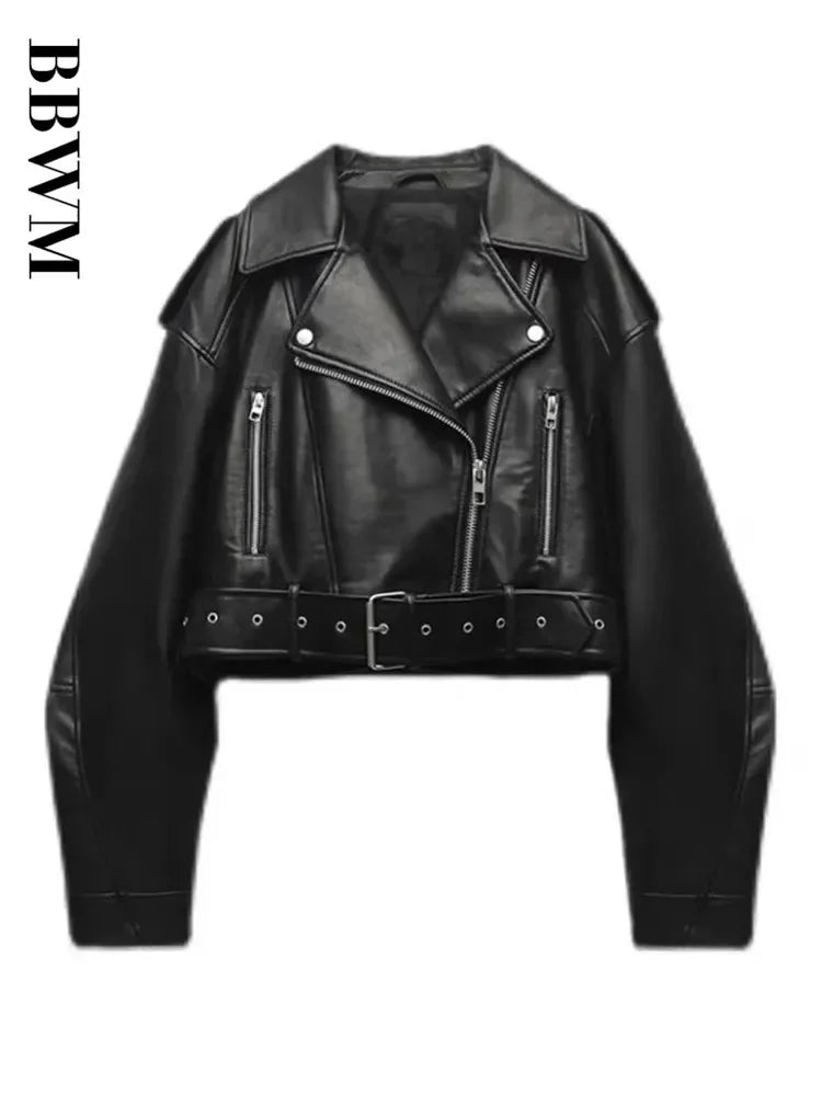 Oversized Faux Leather Biker Jacket with Belt – Women’s Streetwear
